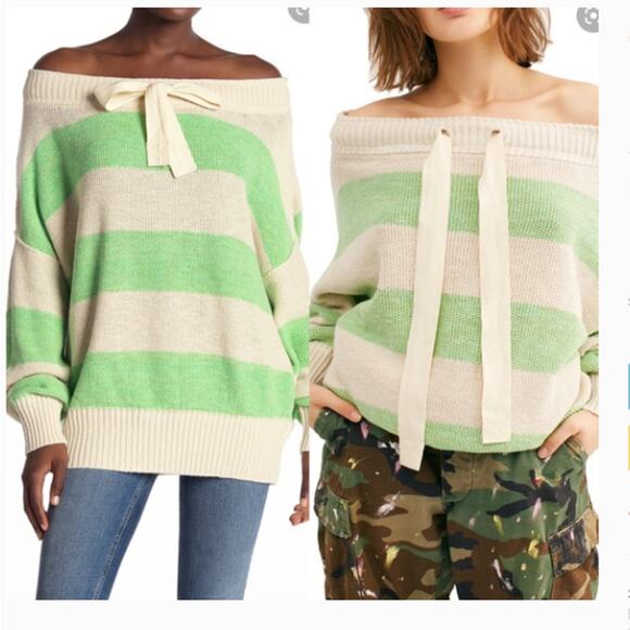Free People Cassidy Off The Shoulder Striped Sweater In Wild Green NEW Small - Picture 1 of 12